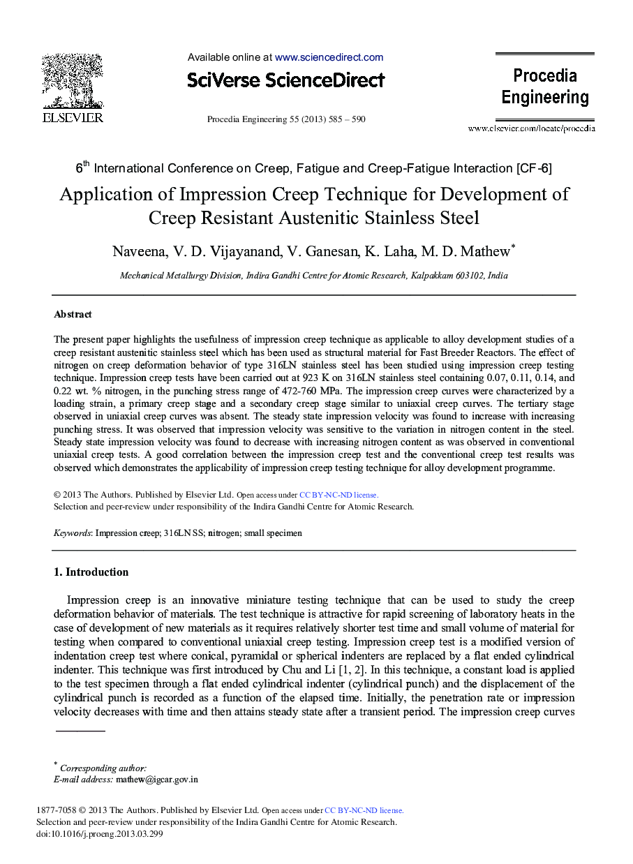 Application of Impression Creep Technique for Development of Creep Resistant Austenitic Stainless Steel 