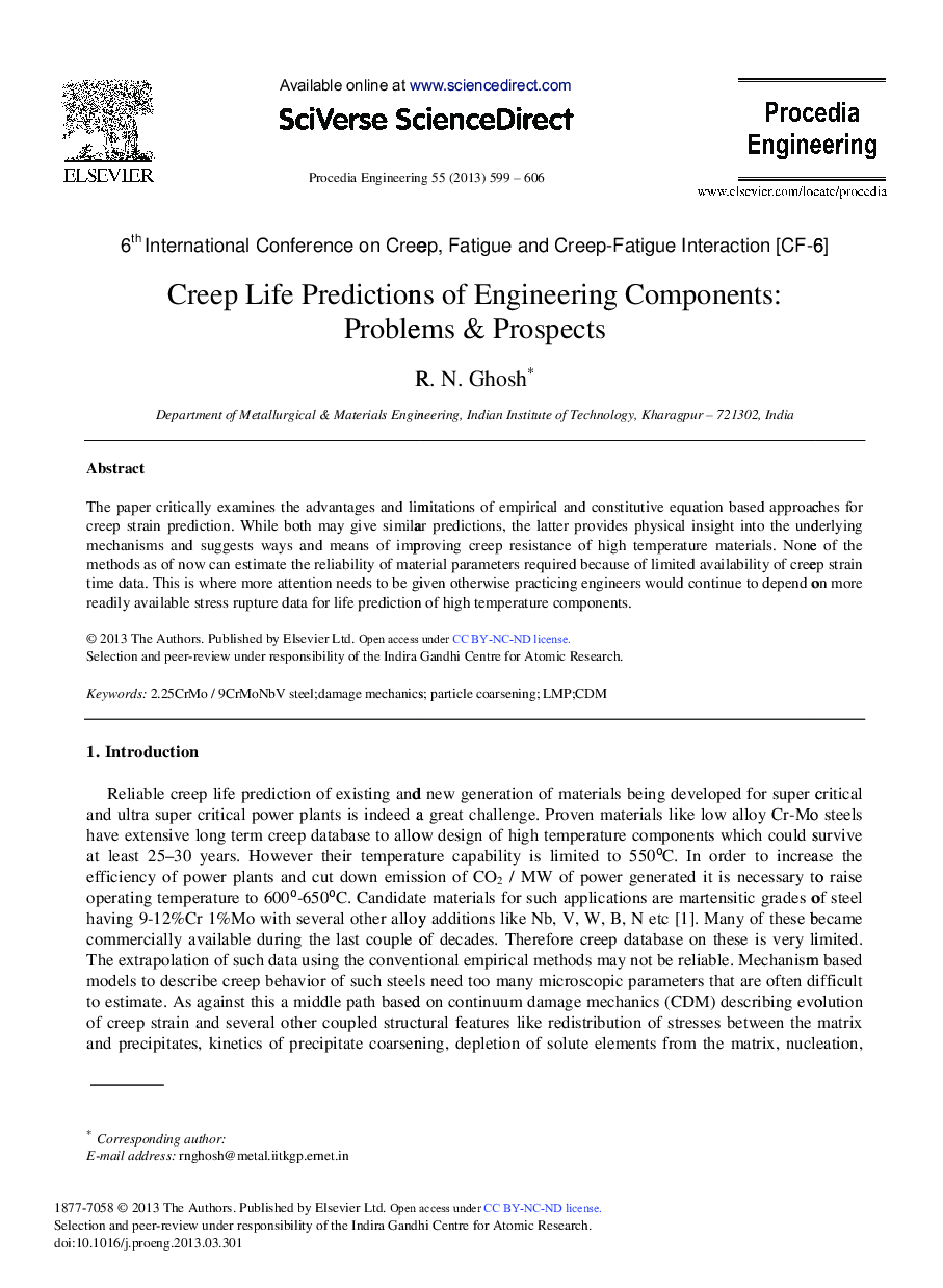 Creep Life Predictions of Engineering Components: Problems & Prospects 