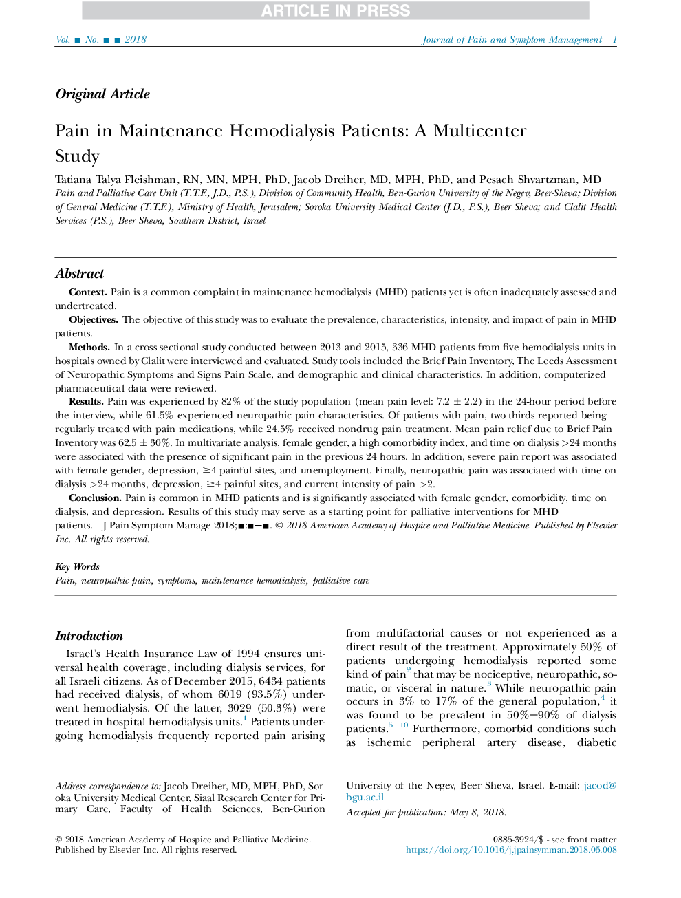 Pain in Maintenance Hemodialysis Patients: A Multicenter Study