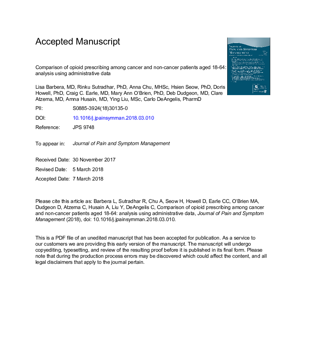 Comparison of Opioid Prescribing Among Cancer and Noncancer Patients Aged 18-64: Analysis Using Administrative Data