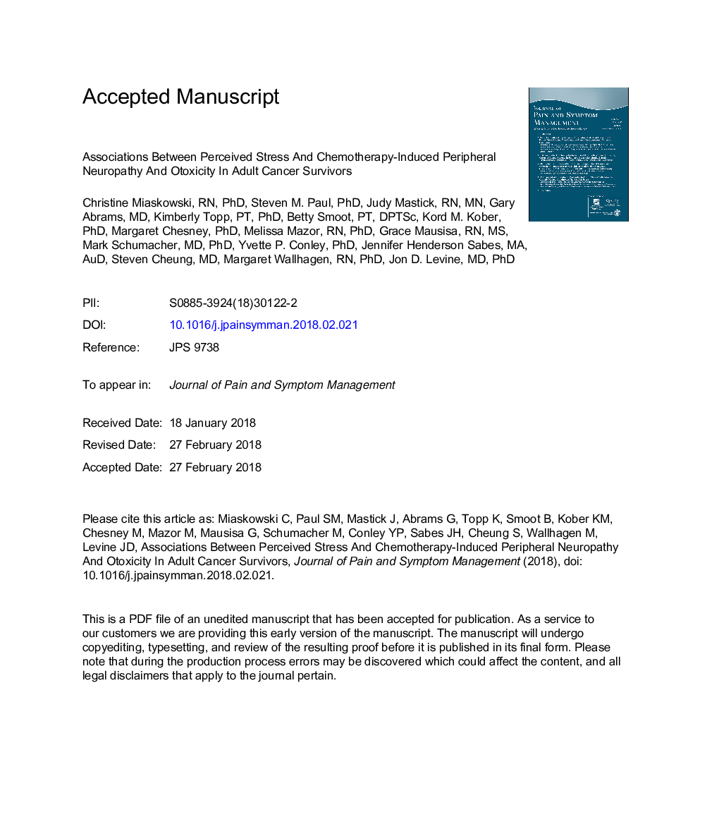 Associations Between Perceived Stress and Chemotherapy-Induced Peripheral Neuropathy and Otoxicity in Adult Cancer Survivors