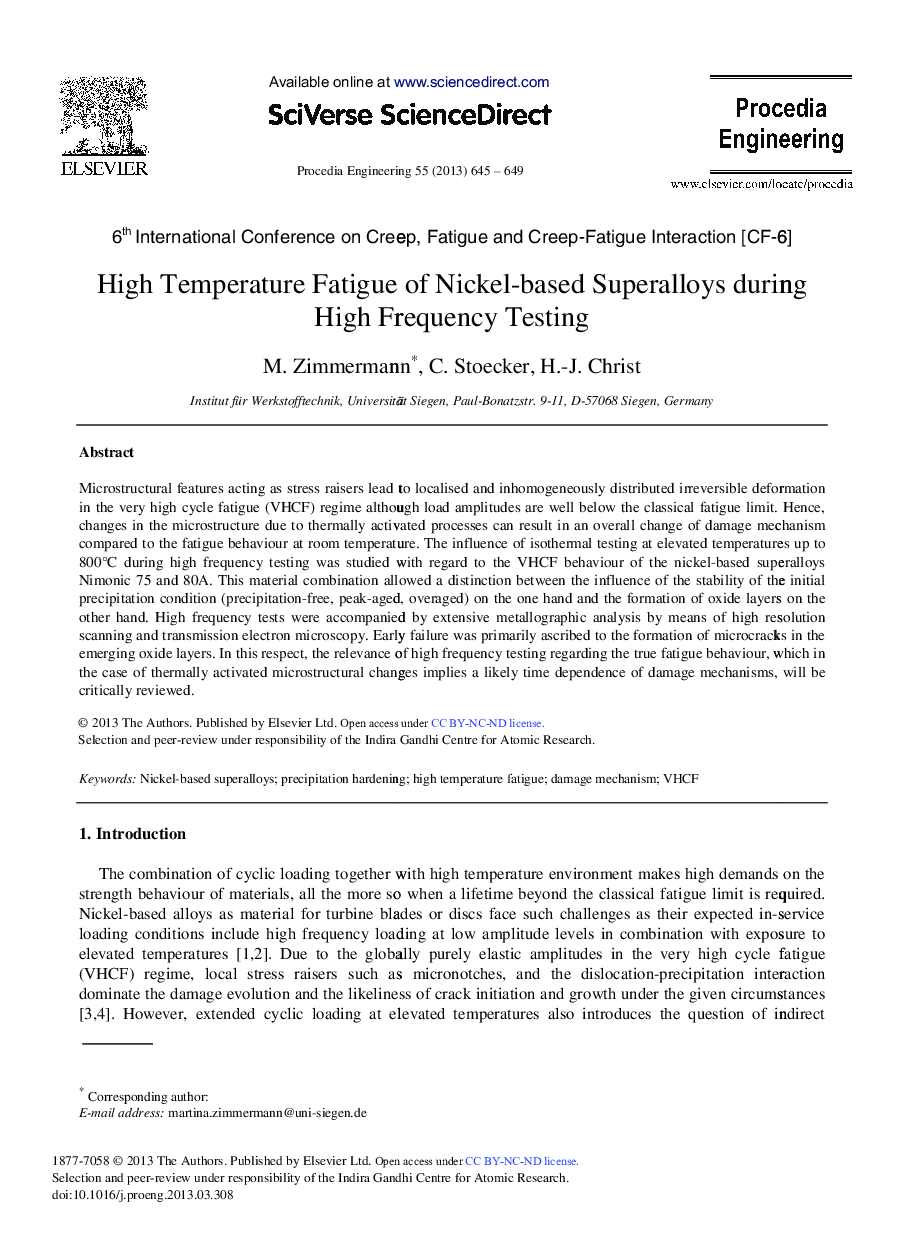 High Temperature Fatigue of Nickel-based Superalloys during High Frequency Testing 