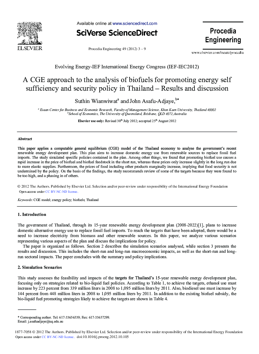 A CGE Approach to the Analysis of Biofuels for Promoting Energy Self Sufficiency and Security Policy in Thailand–Results and Discussion 
