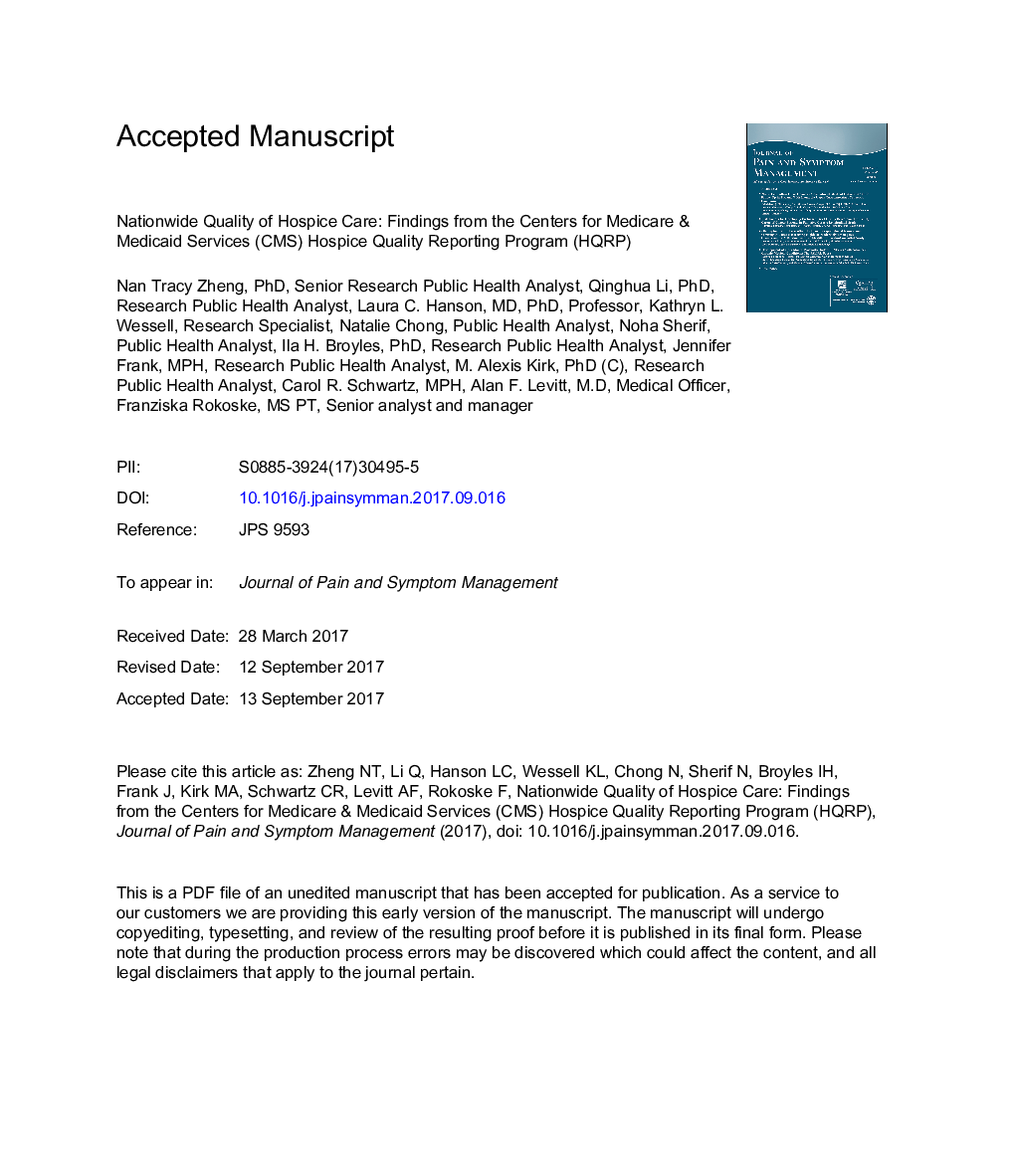 Nationwide Quality of Hospice Care: Findings From the Centers for Medicare & Medicaid Services Hospice Quality Reporting Program