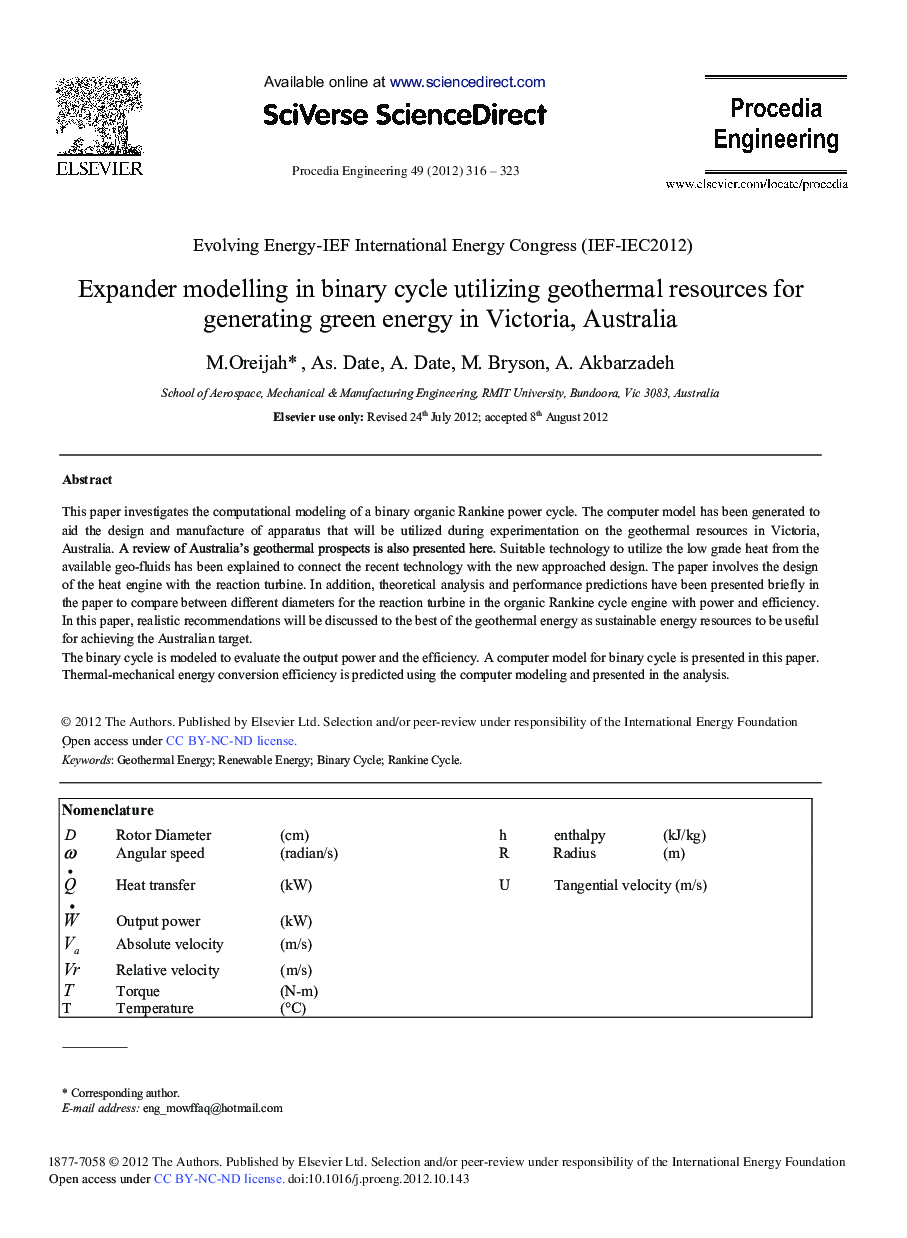 Expander Modelling in Binary Cycle Utilizing Geothermal Resources for Generating Green Energy in Victoria, Australia 