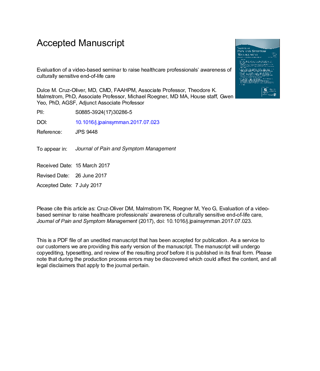 Evaluation of a Video-Based Seminar to Raise Health Care Professionals' Awareness of Culturally Sensitive End-of-Life Care