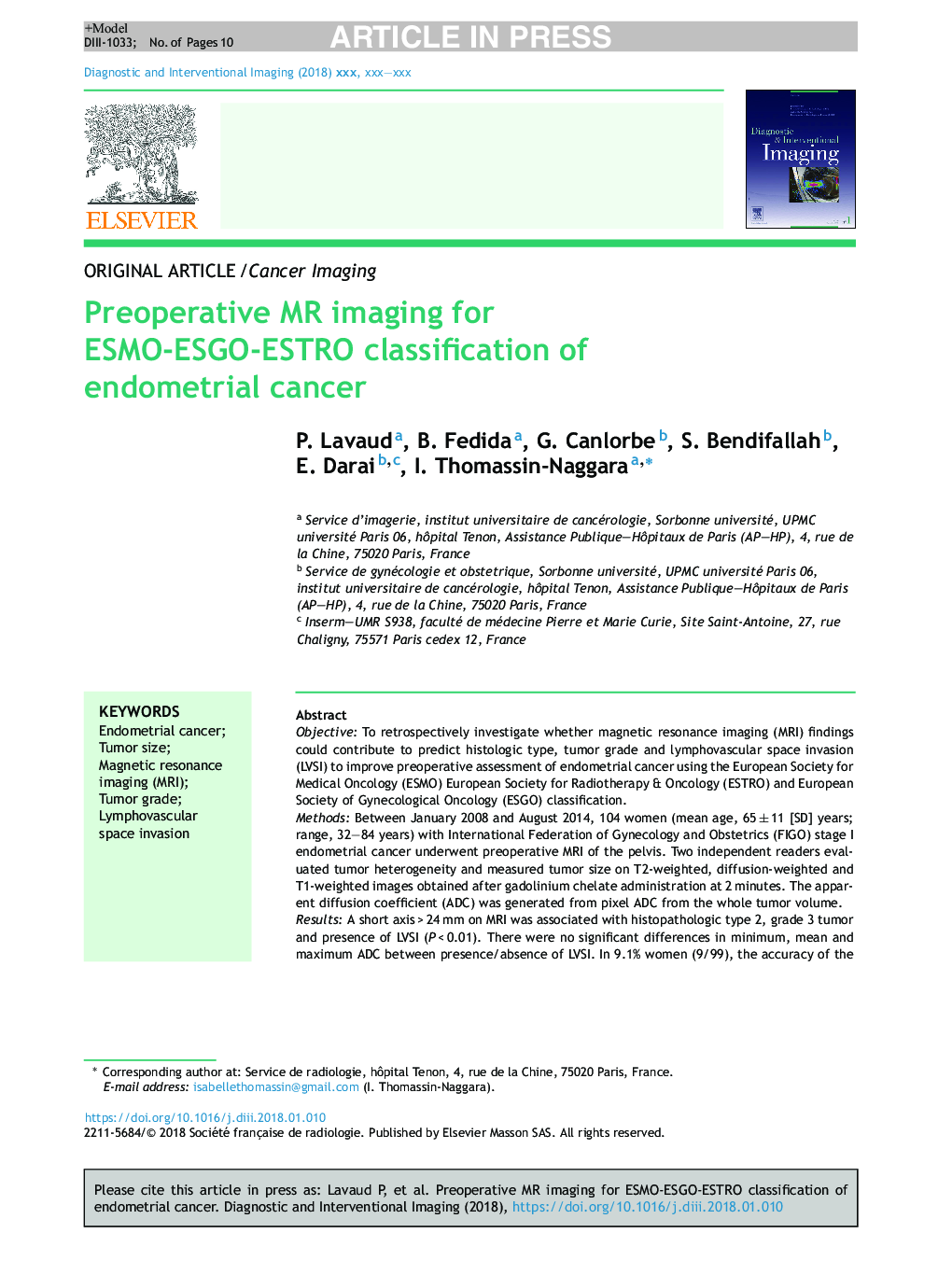 Preoperative MR imaging for ESMO-ESGO-ESTRO classification of endometrial cancer