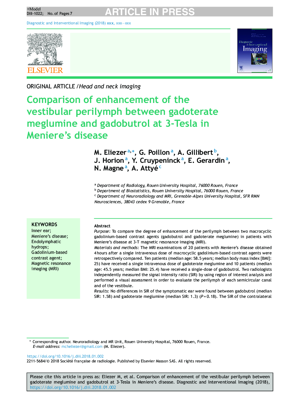 Comparison of enhancement of the vestibular perilymph between gadoterate meglumine and gadobutrol at 3-Tesla in Meniere's disease