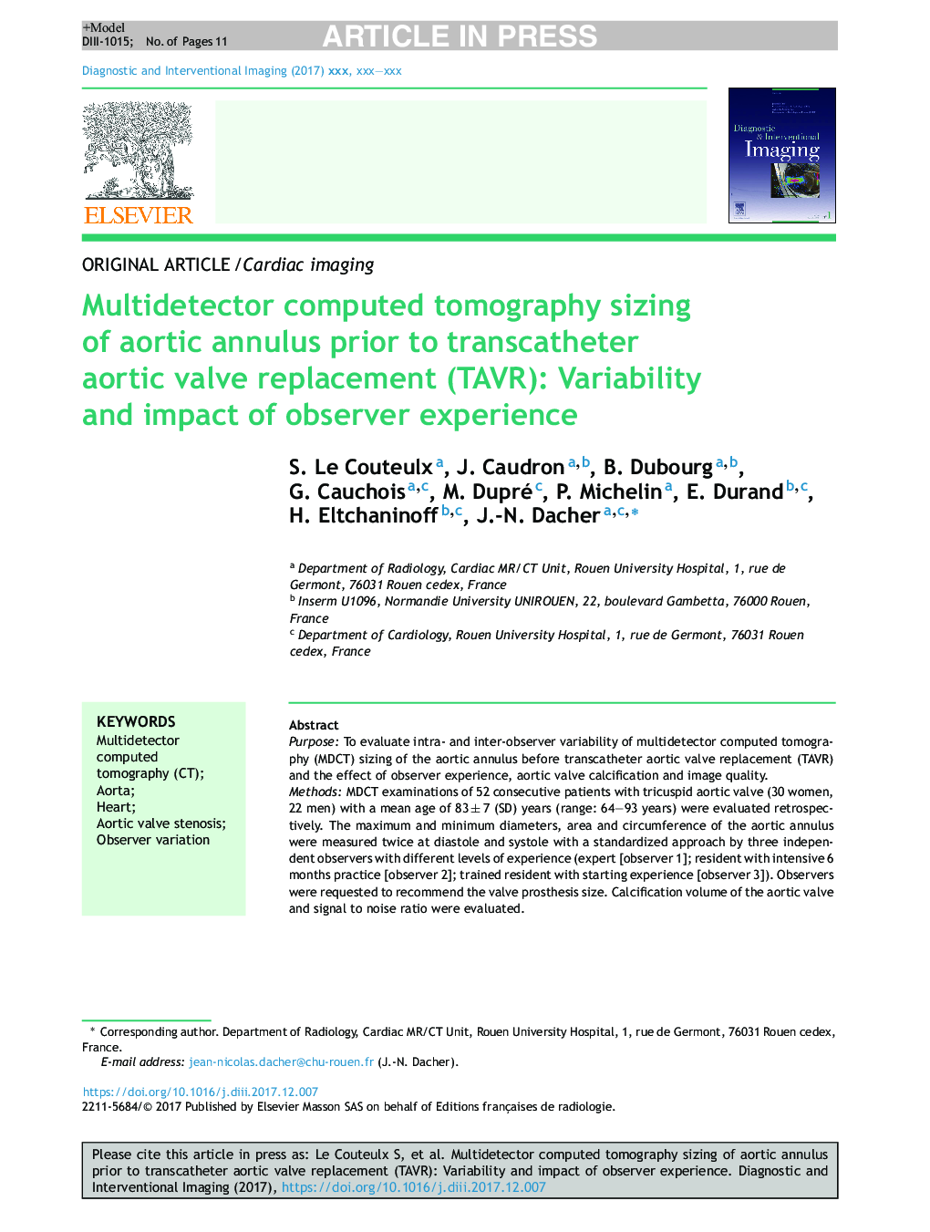 Multidetector computed tomography sizing of aortic annulus prior to transcatheter aortic valve replacement (TAVR): Variability and impact of observer experience