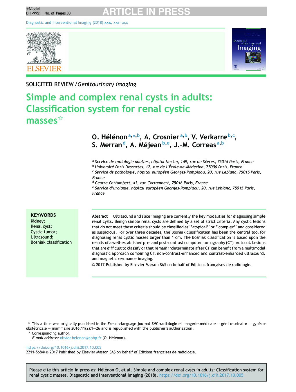 Simple and complex renal cysts in adults: Classification system for renal cystic masses