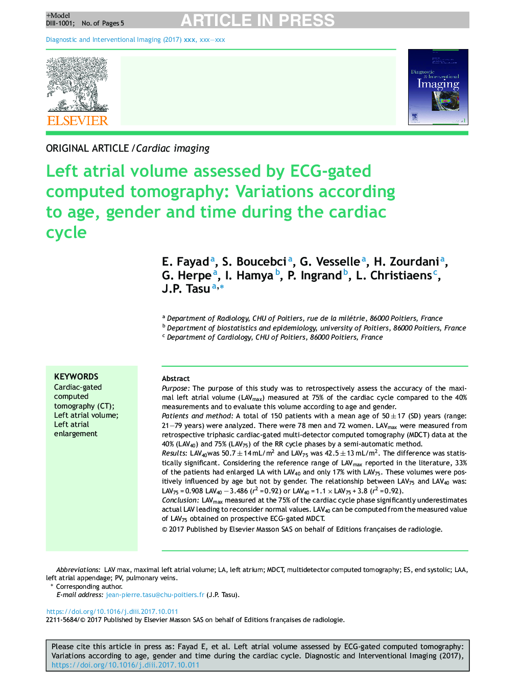 Left atrial volume assessed by ECG-gated computed tomography: Variations according to age, gender and time during the cardiac cycle