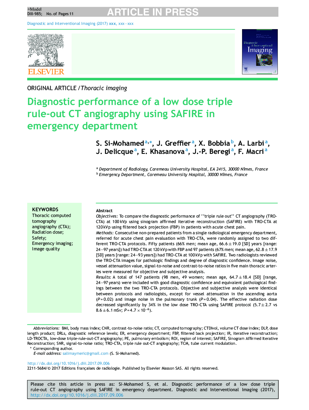 Diagnostic performance of a low dose triple rule-out CT angiography using SAFIRE in emergency department