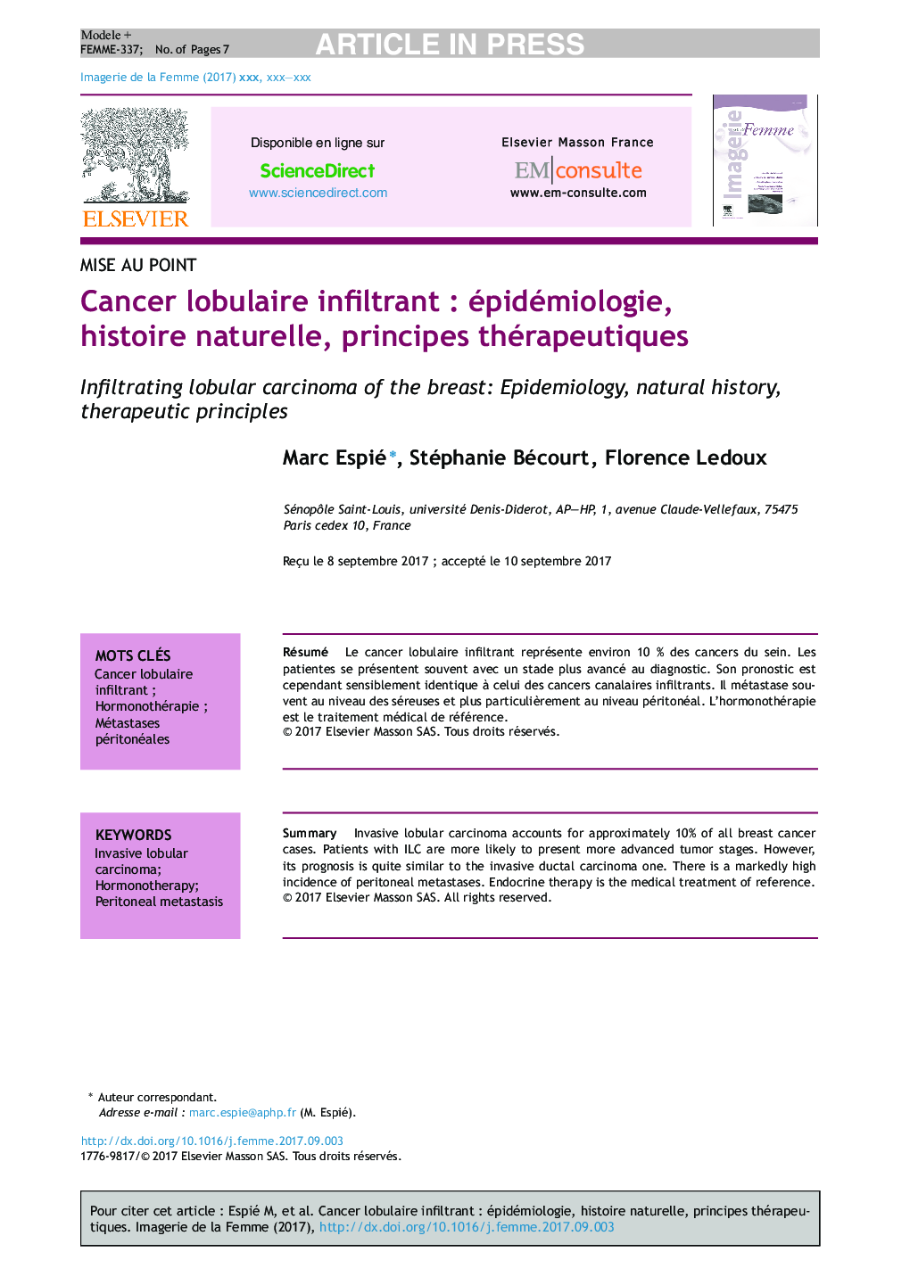 عکس صفحه اول مقاله: Cancer lobulaire infiltrant : épidémiologie, histoire naturelle, principes thérapeutiques Cancer lobulaire infiltrant : épidémiologie, histoire naturelle, principes thérapeutiques