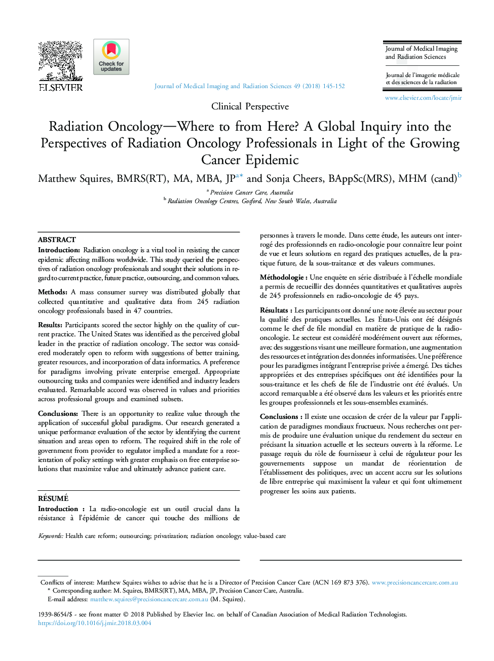 Radiation Oncology-Where to from Here? A Global Inquiry into the Perspectives of Radiation Oncology Professionals in Light of the Growing Cancer Epidemic