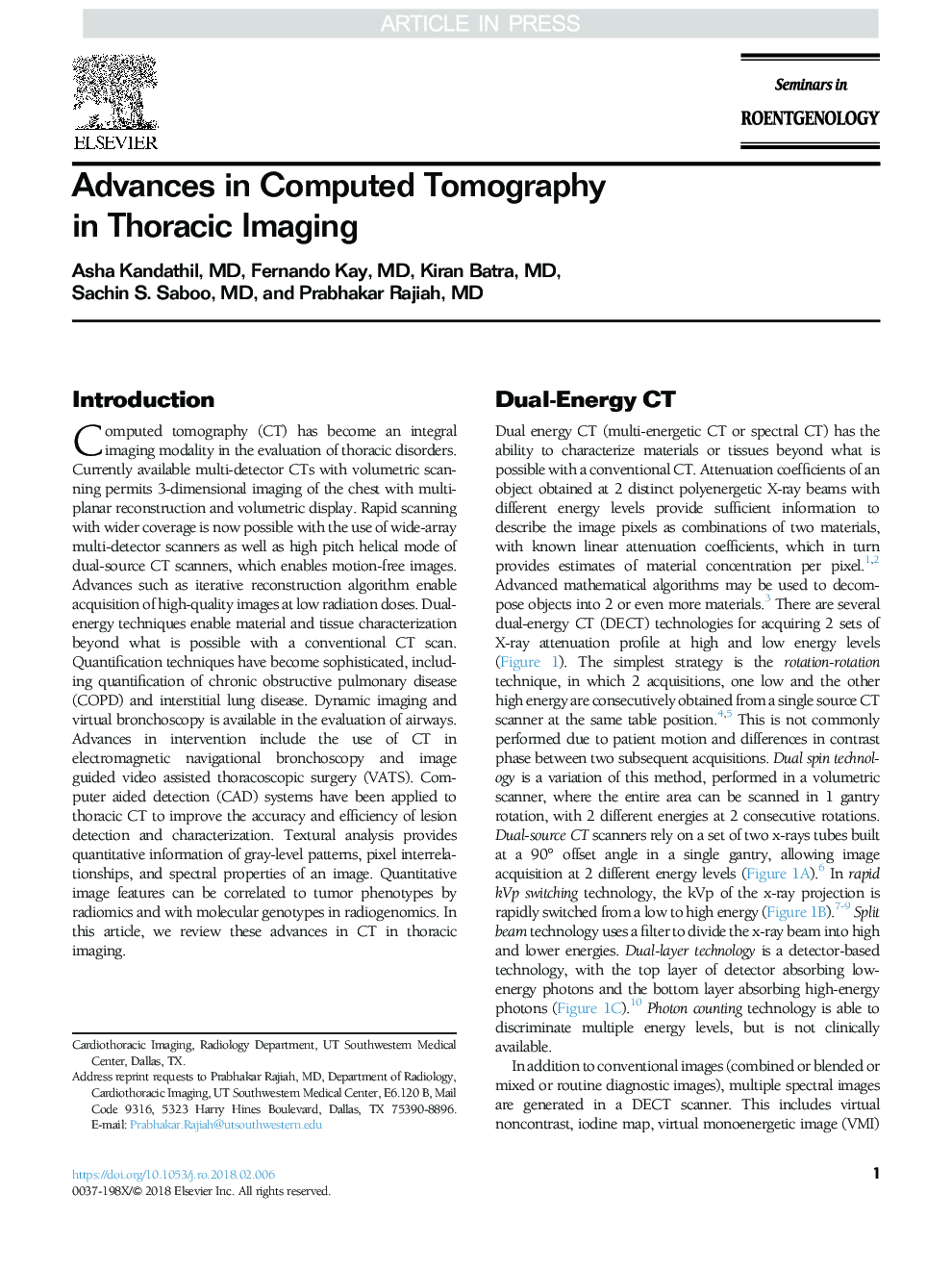 Advances in Computed Tomography in Thoracic Imaging