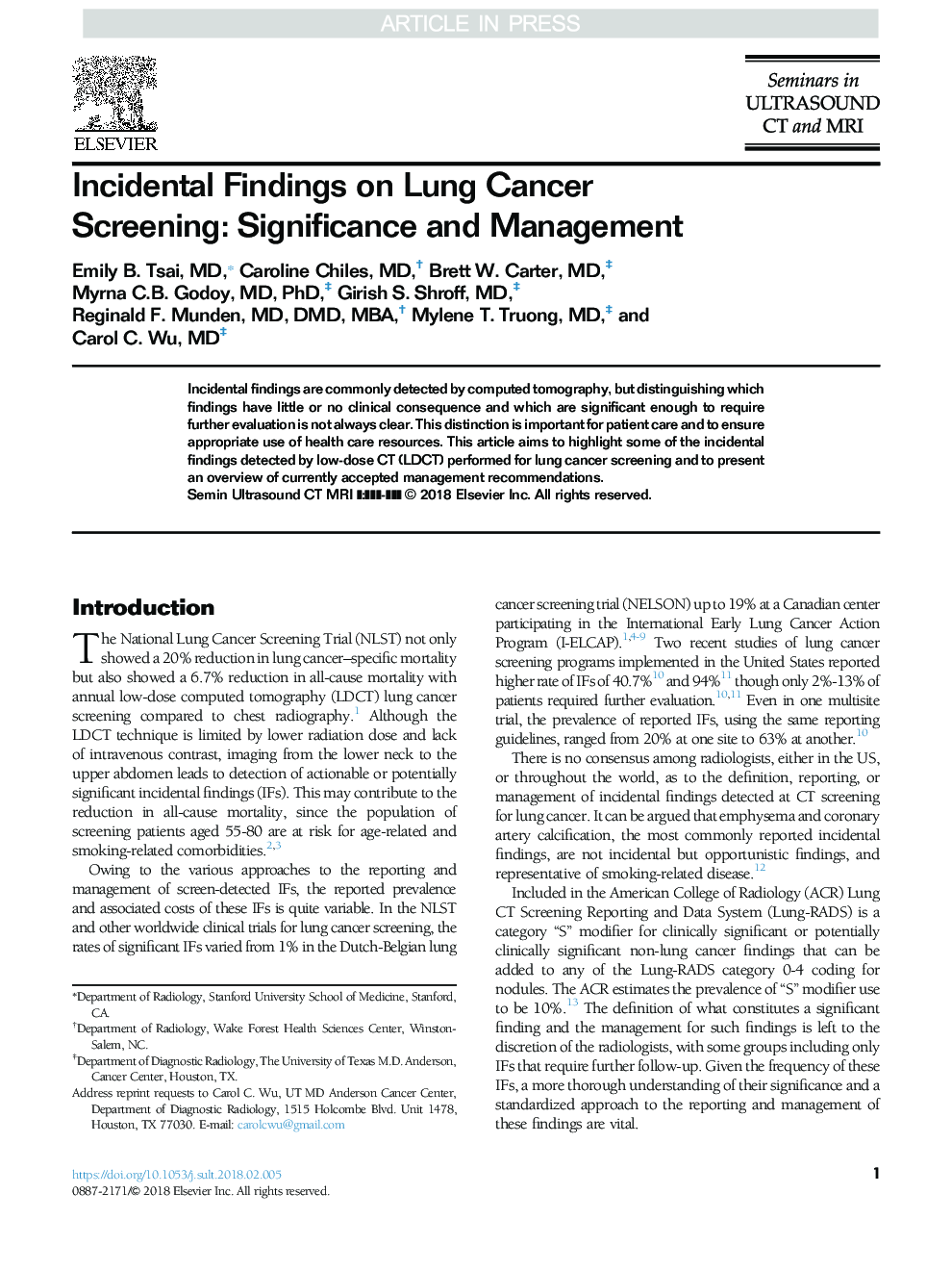 Incidental Findings on Lung Cancer Screening: Significance and Management