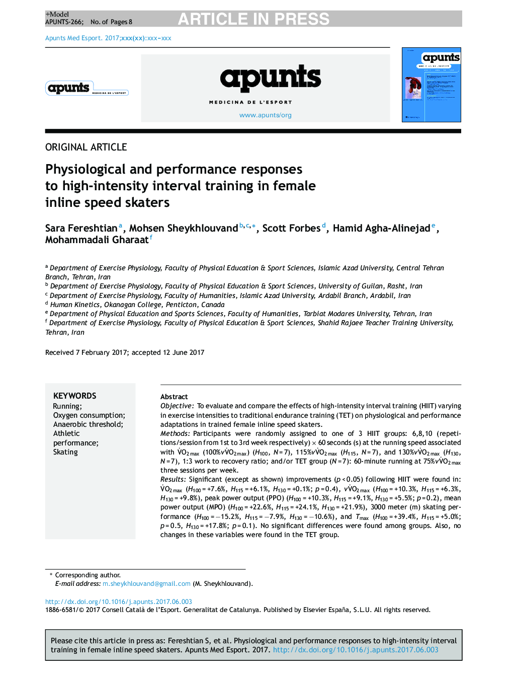 Physiological and performance responses to high-intensity interval training in female inline speed skaters