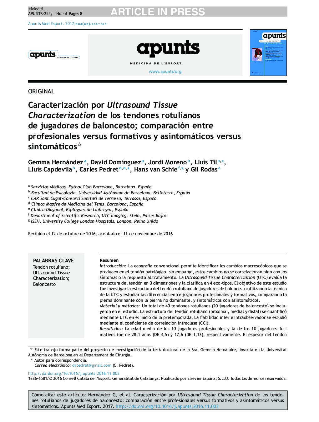 Caracterización por Ultrasound Tissue Characterization de los tendones rotulianos de jugadores de baloncesto; comparación entre profesionales versus formativos y asintomáticos versus sintomáticos