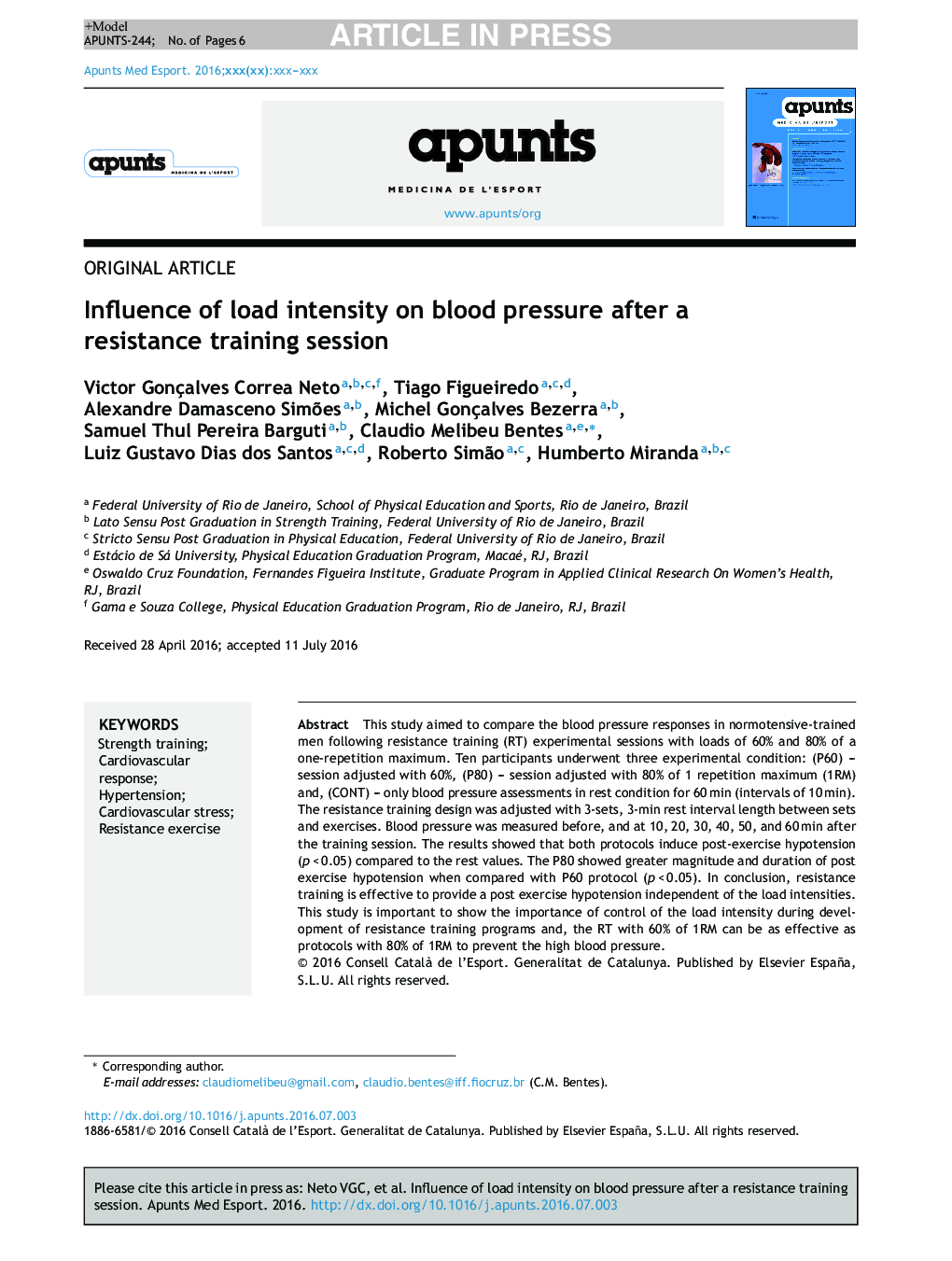 Influence of load intensity on blood pressure after a resistance training session