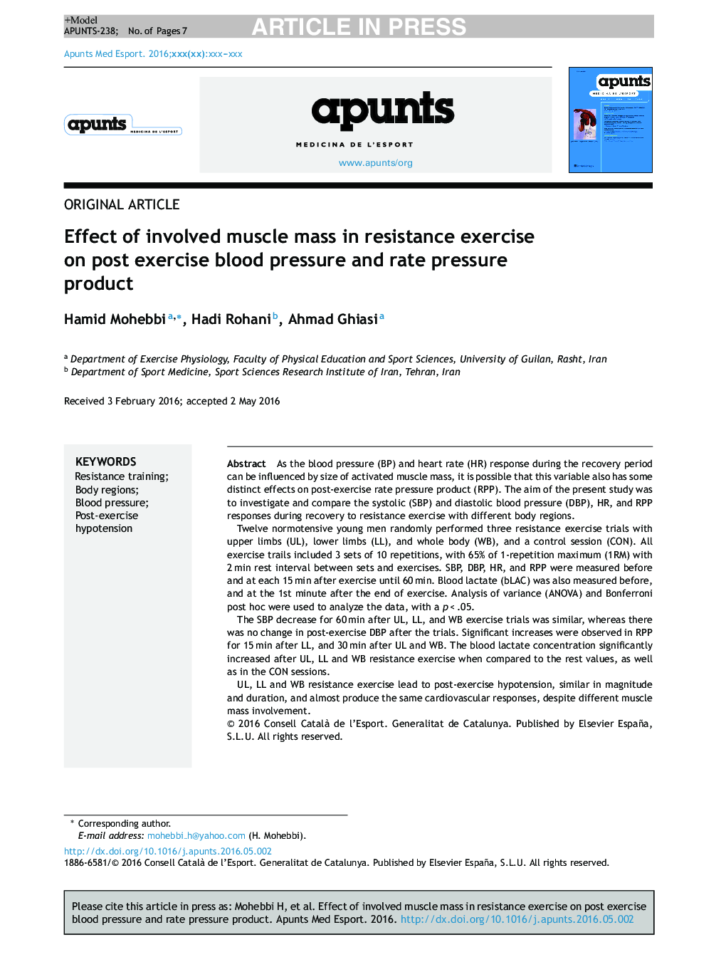 Effect of involved muscle mass in resistance exercise on post exercise blood pressure and rate pressure product