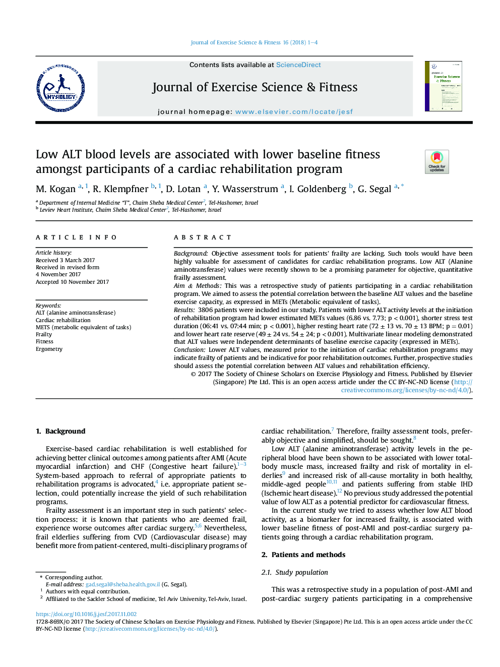 Low ALT blood levels are associated with lower baseline fitness amongst participants of a cardiac rehabilitation program