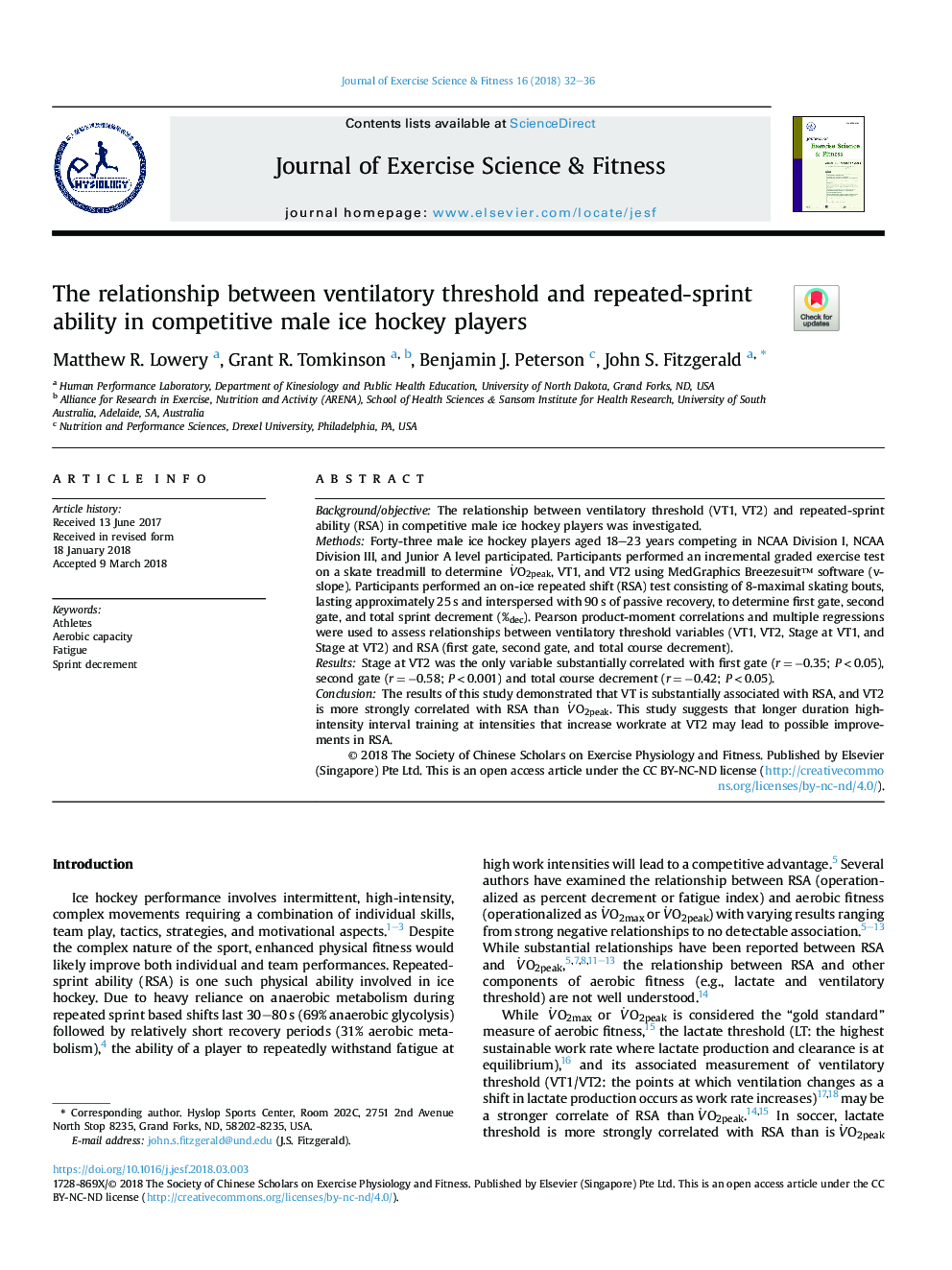 The relationship between ventilatory threshold and repeated-sprint ability in competitive male ice hockey players