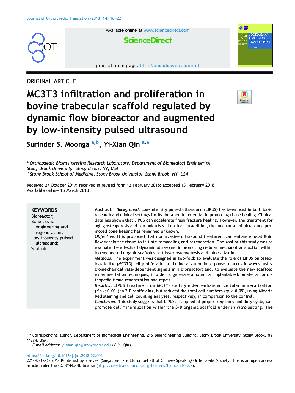 MC3T3 infiltration and proliferation in bovine trabecular scaffold regulated by dynamic flow bioreactor and augmented by low-intensity pulsed ultrasound