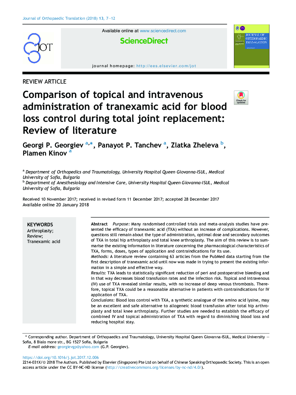 مقایسه تجویز موضعی و وریدی اسید تانونکسامیک برای کنترل خونریزی در طول جایگزینی مفصل مفصلی: مرور ادبیات 