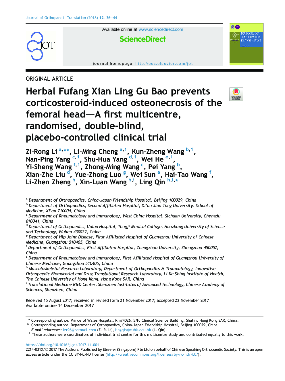 Herbal Fufang Xian Ling Gu Bao prevents corticosteroid-induced osteonecrosis of the femoral head-A first multicentre, randomised, double-blind, placebo-controlled clinical trial