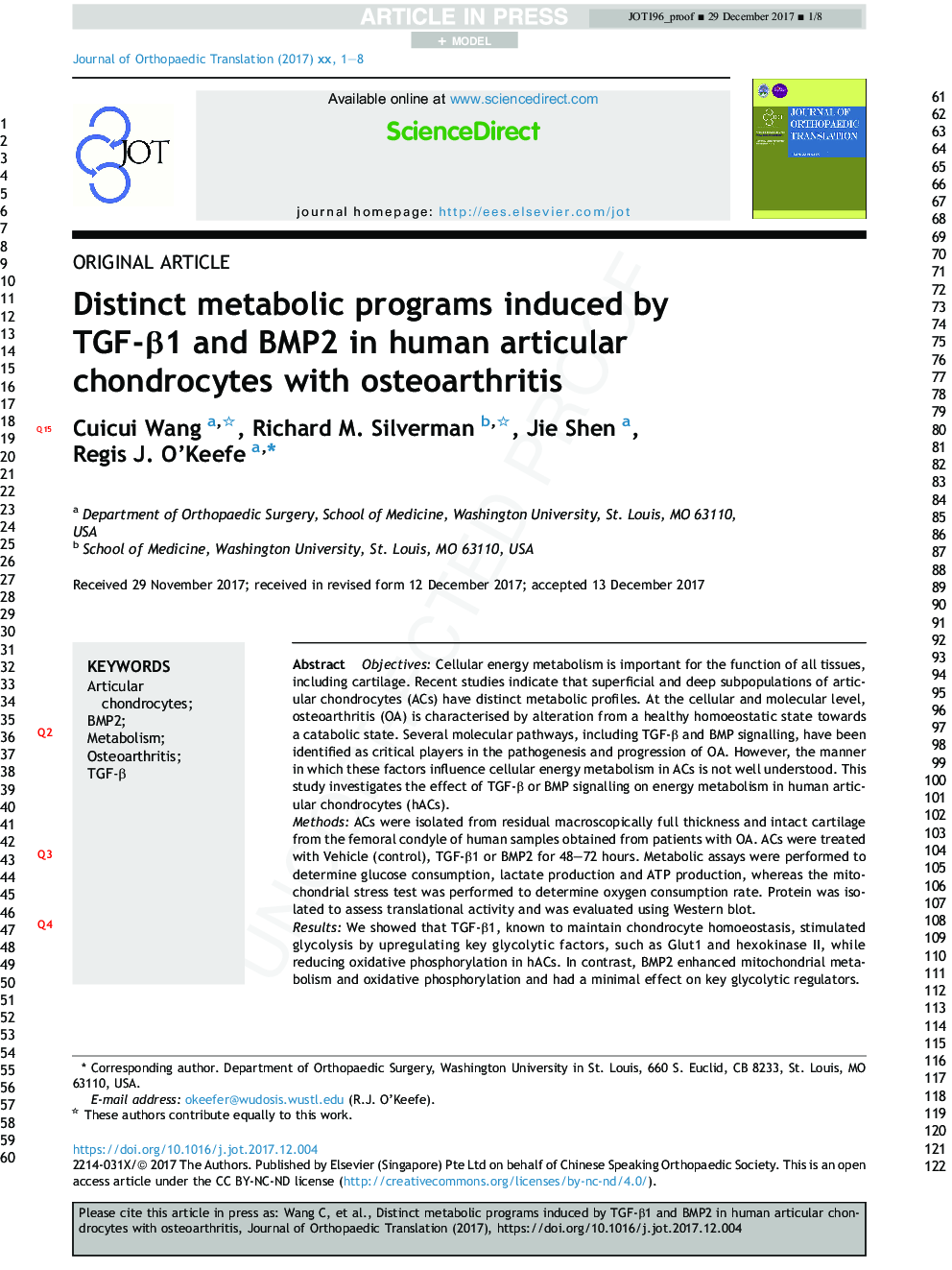 Distinct metabolic programs induced by TGF-Î²1 and BMP2 in human articular chondrocytes with osteoarthritis