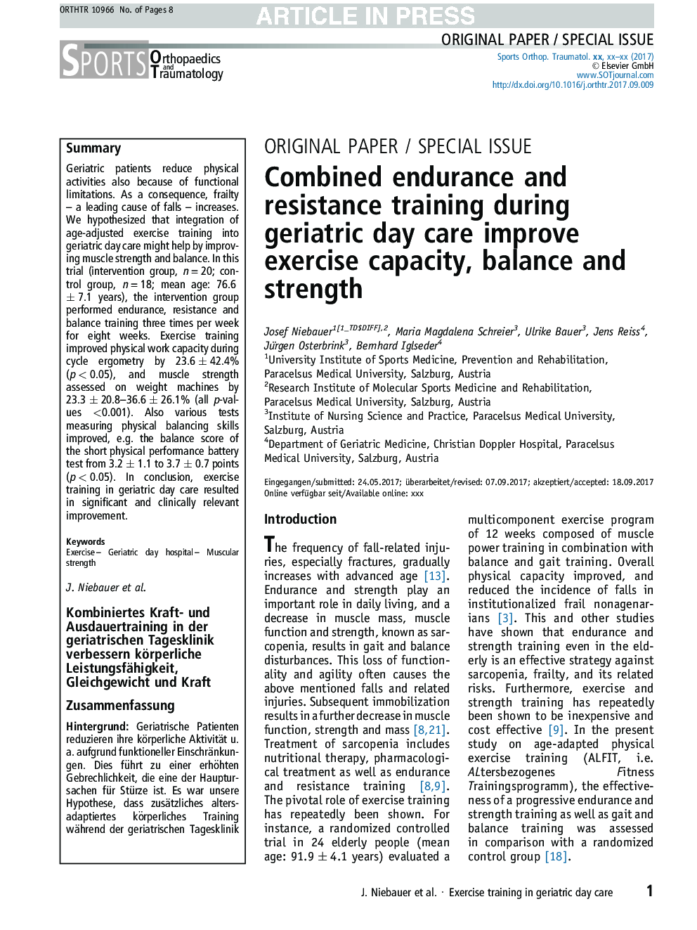 Combined endurance and resistance training during geriatric day care improve exercise capacity, balance and strength