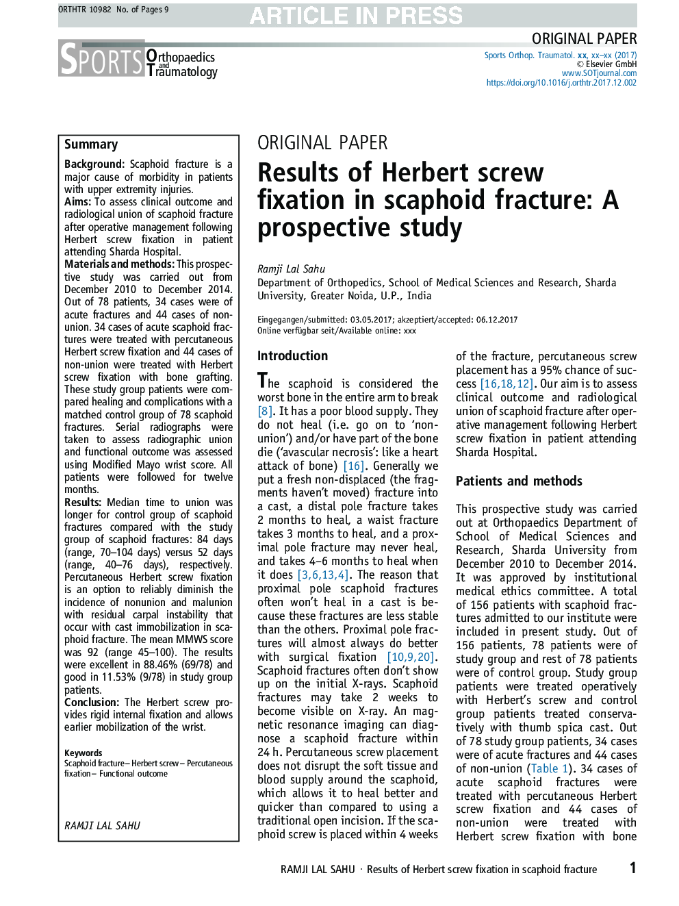 Results of Herbert screw fixation in scaphoid fracture: A prospective study