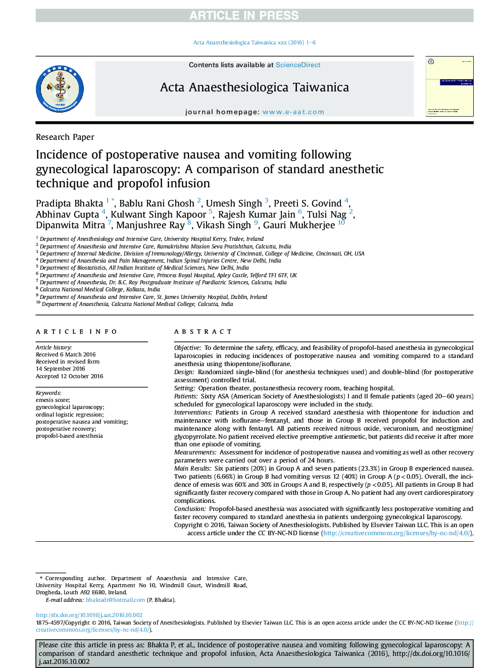 Incidence of postoperative nausea and vomiting following gynecological laparoscopy: A comparison of standard anesthetic technique and propofol infusion