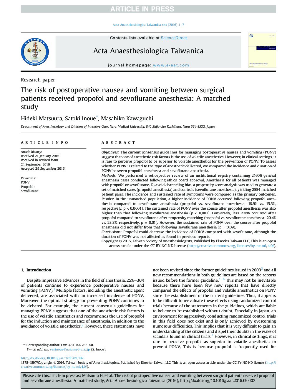 The risk of postoperative nausea and vomiting between surgical patients received propofol and sevoflurane anesthesia: A matched study