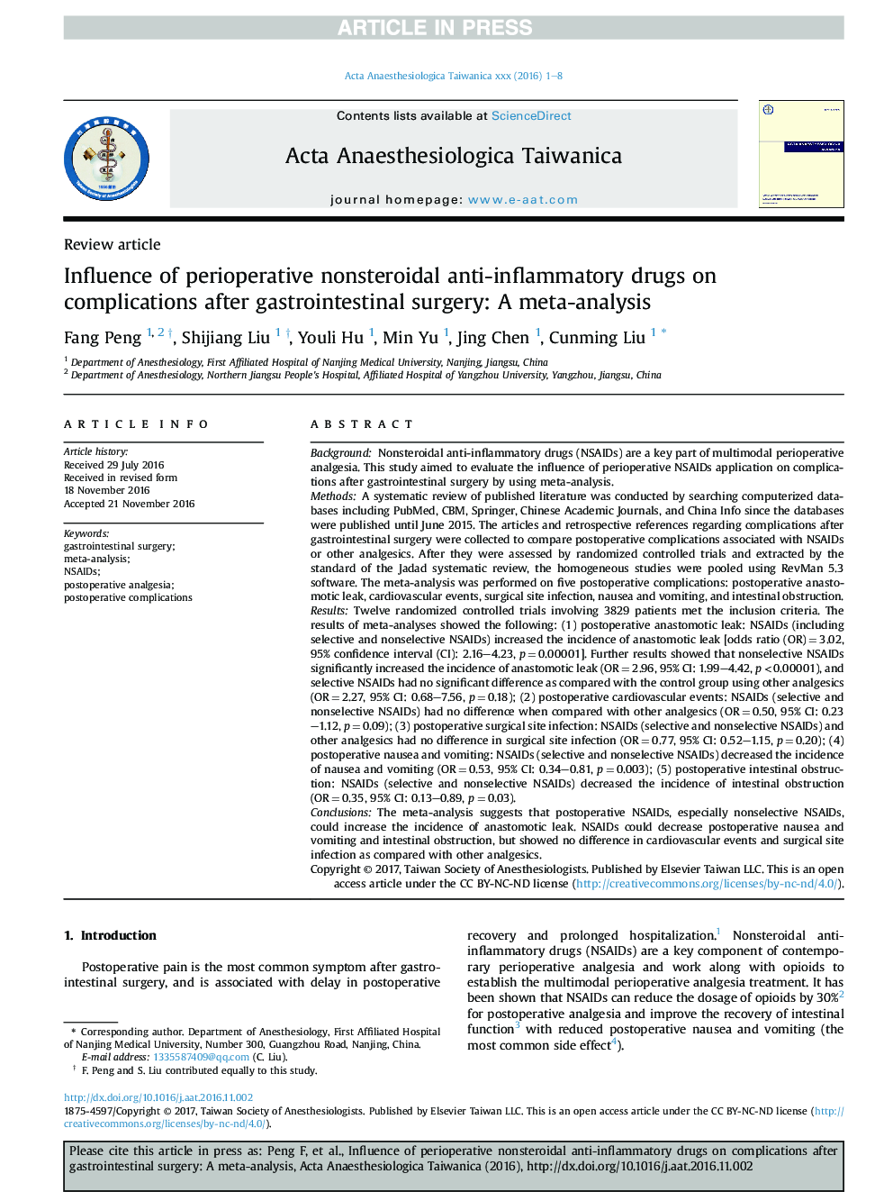 Influence of perioperative nonsteroidal anti-inflammatory drugs on complications after gastrointestinal surgery: A meta-analysis