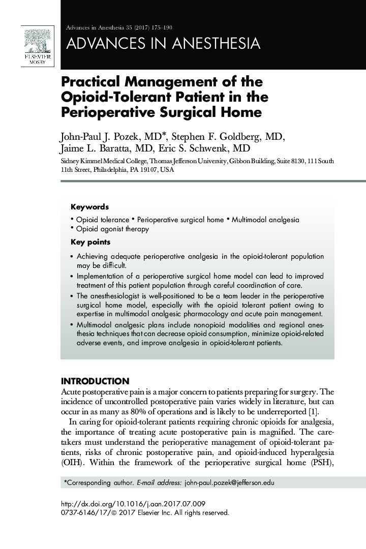 Practical Management of the Opioid-Tolerant Patient in the Perioperative Surgical Home