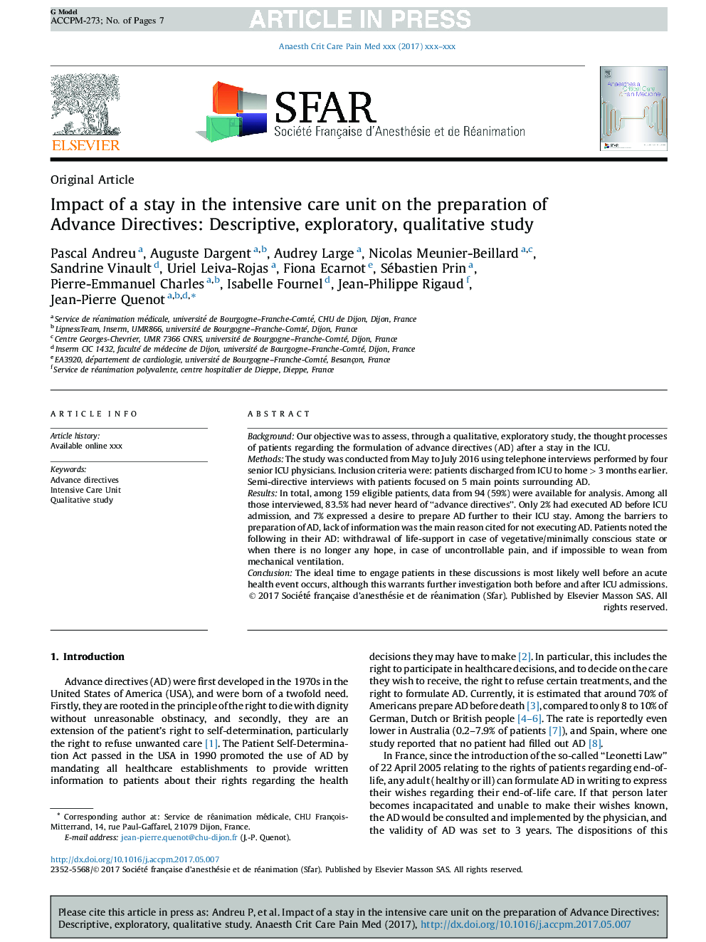 Impact of a stay in the intensive care unit on the preparation of Advance Directives: Descriptive, exploratory, qualitative study