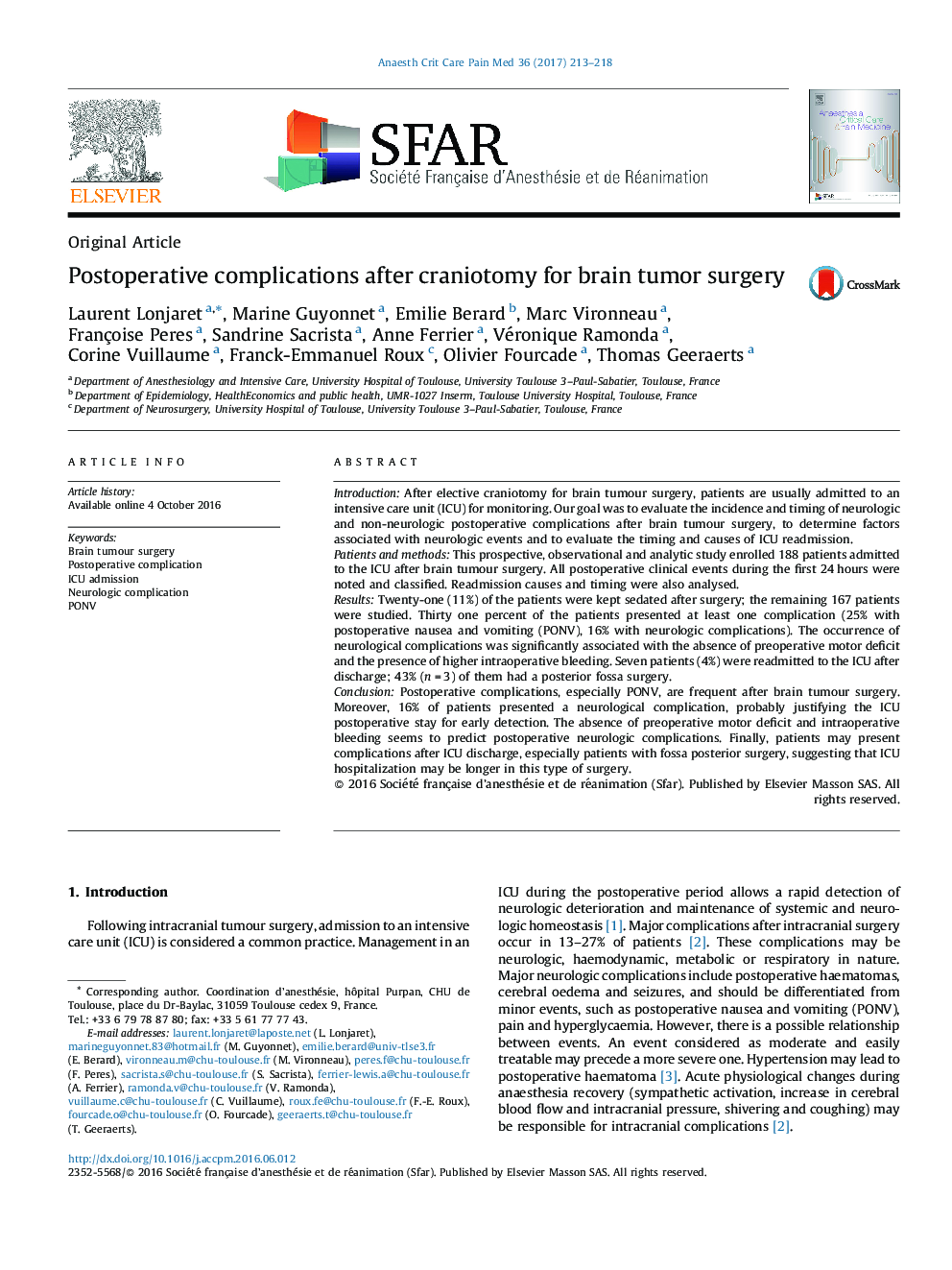 Postoperative complications after craniotomy for brain tumor surgery