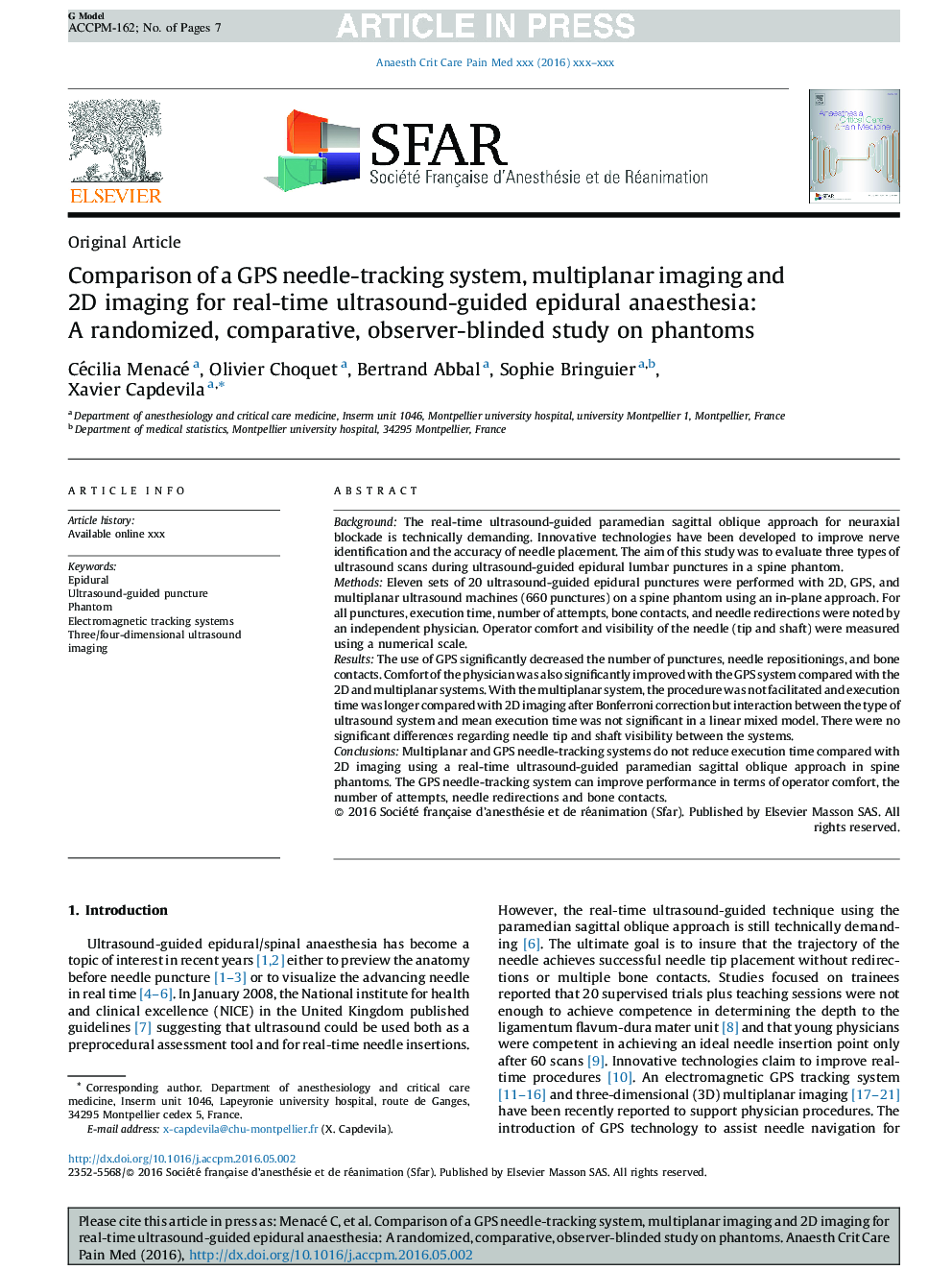 Comparison of a GPS needle-tracking system, multiplanar imaging and 2D imaging for real-time ultrasound-guided epidural anaesthesia: A randomized, comparative, observer-blinded study on phantoms