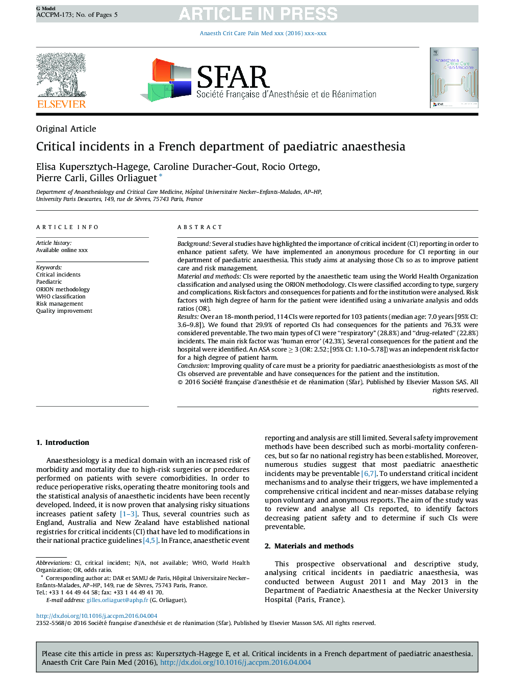 Critical incidents in a French department of paediatric anaesthesia