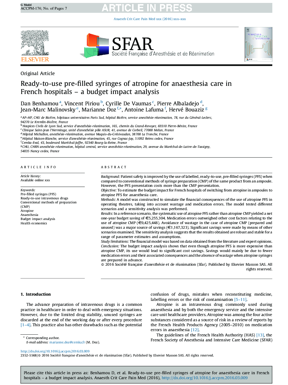 Ready-to-use pre-filled syringes of atropine for anaesthesia care in French hospitals -Â a budget impact analysis