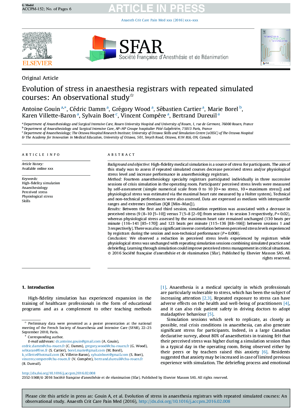 Evolution of stress in anaesthesia registrars with repeated simulated courses: An observational study