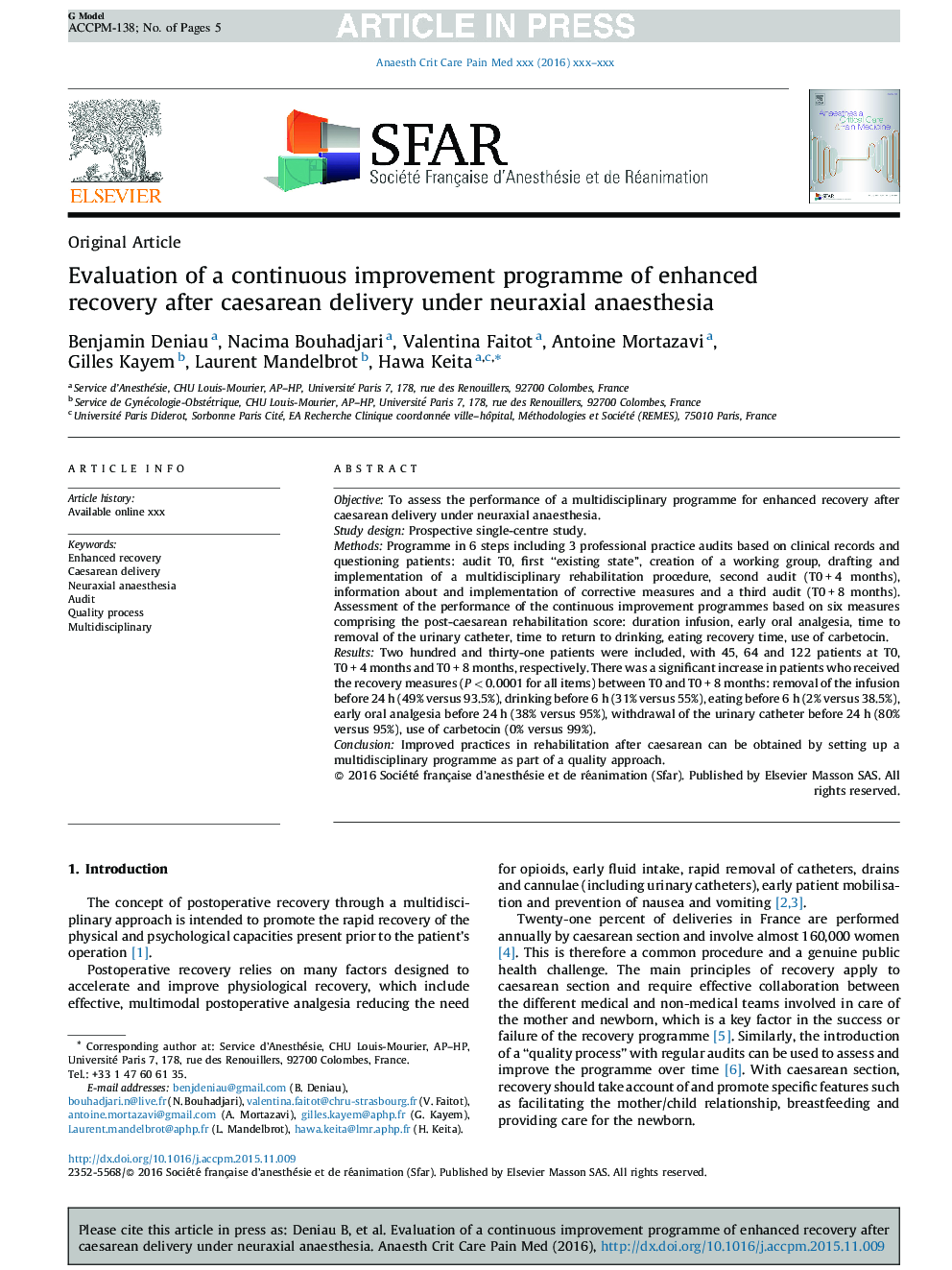 Evaluation of a continuous improvement programme of enhanced recovery after caesarean delivery under neuraxial anaesthesia