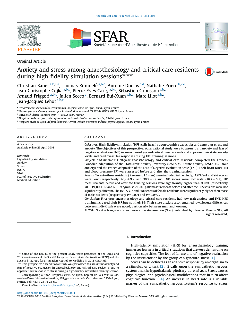 Anxiety and stress among anaesthesiology and critical care residents during high-fidelity simulation sessions