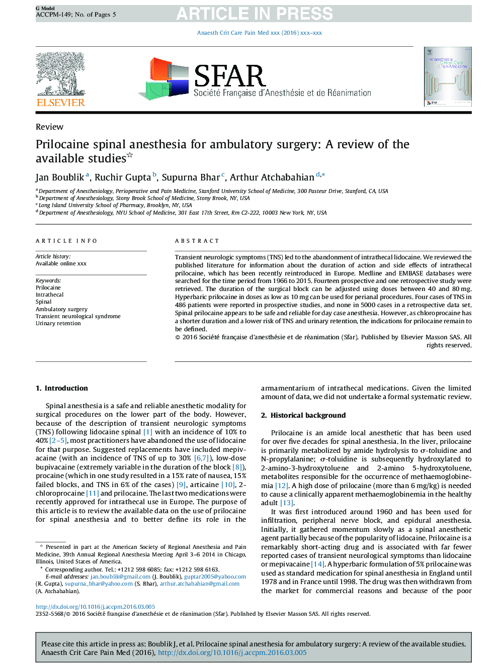 Prilocaine spinal anesthesia for ambulatory surgery: A review of the available studies