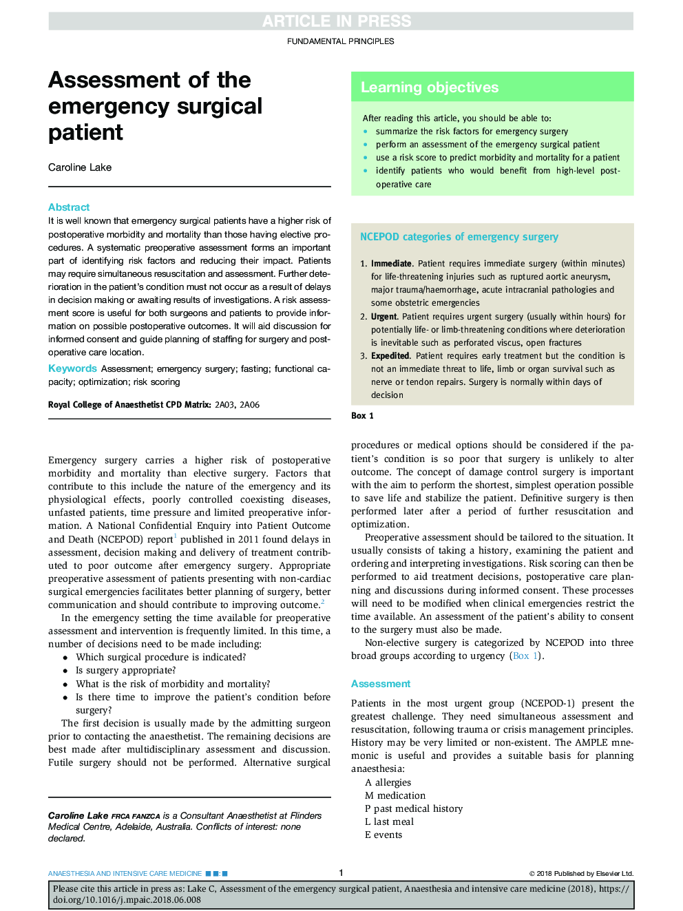Assessment of the emergency surgical patient