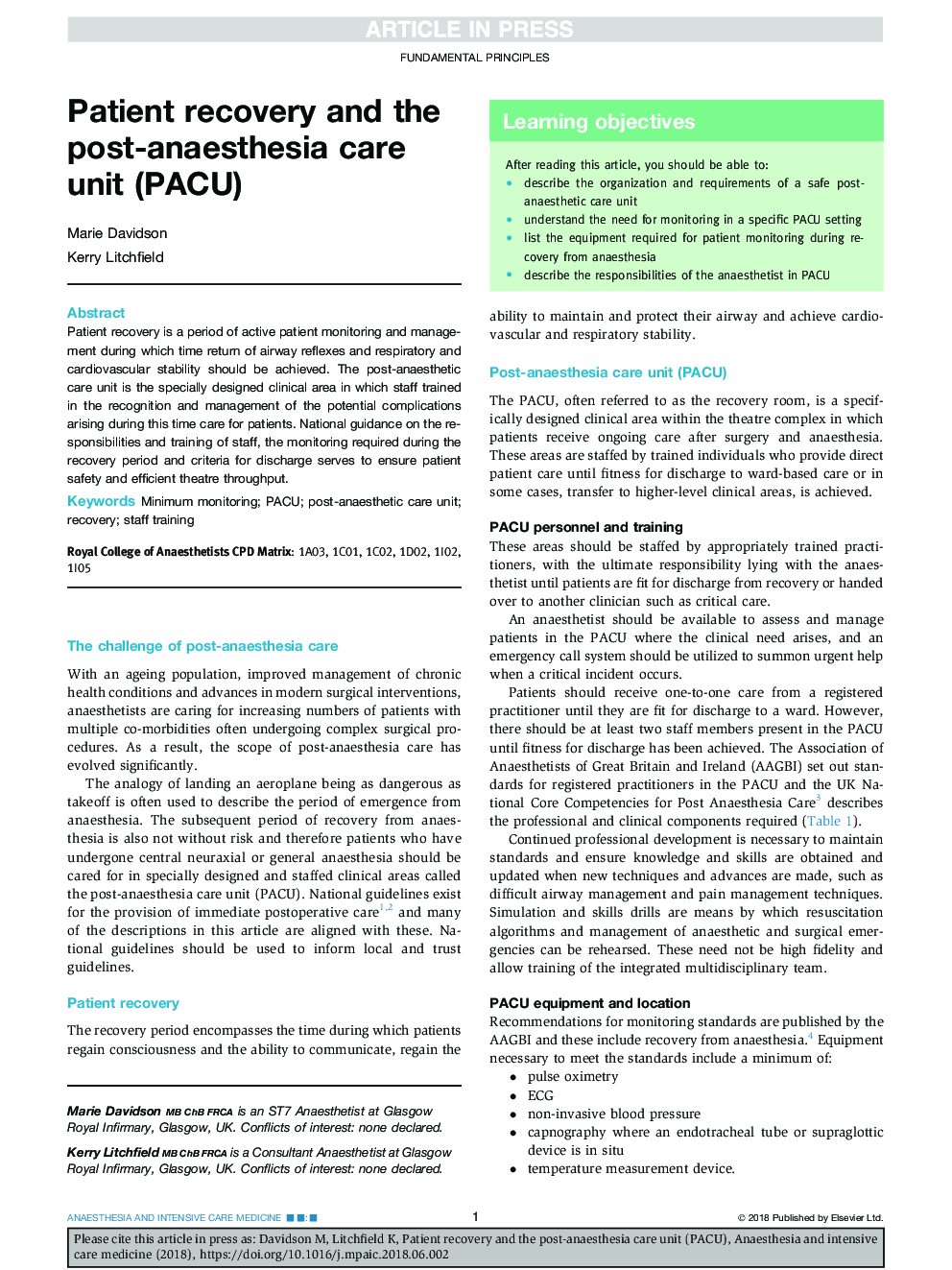 Patient recovery and the post-anaesthesia care unit (PACU)