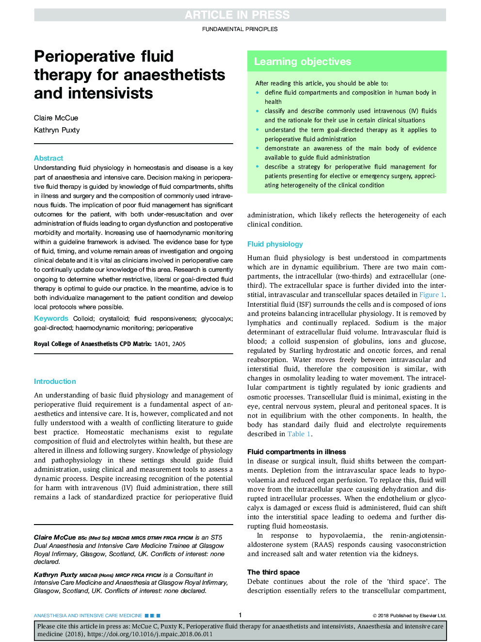 Perioperative fluid therapy for anaesthetists and intensivists