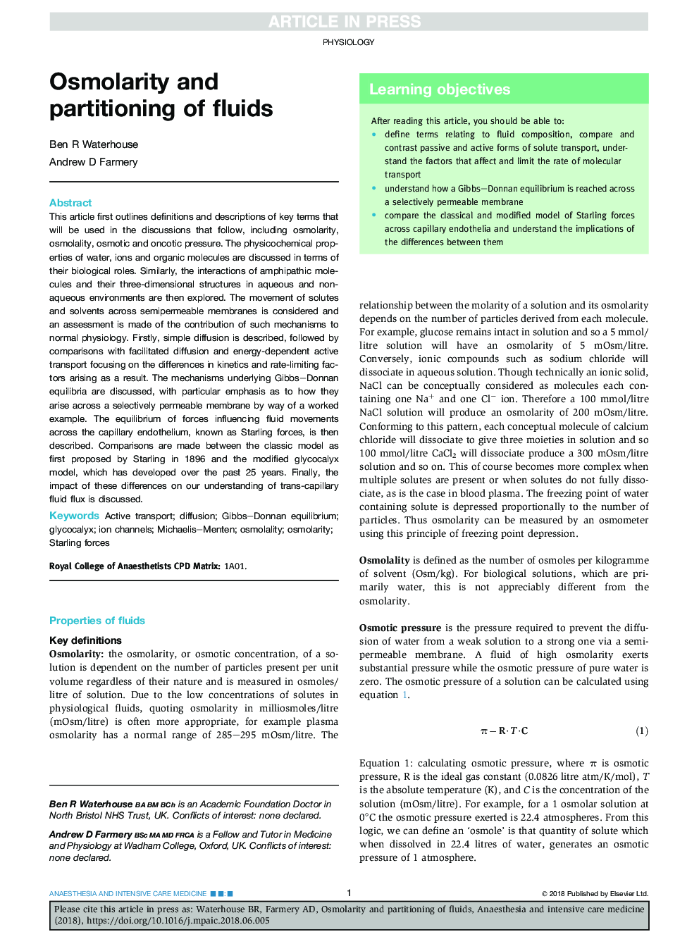 Osmolarity and partitioning of fluids