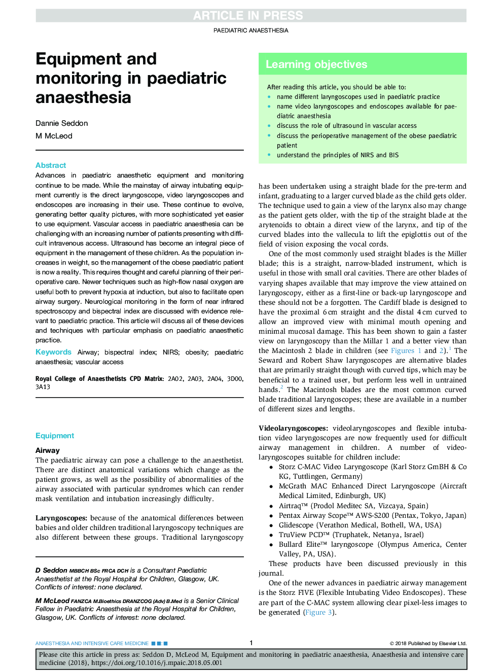 Equipment and monitoring in paediatric anaesthesia